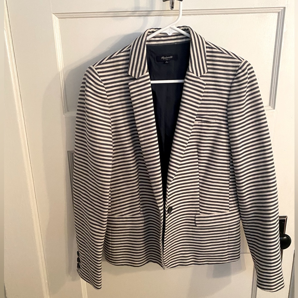 Madewell Navy Blue Striped Linen Blend Blazer